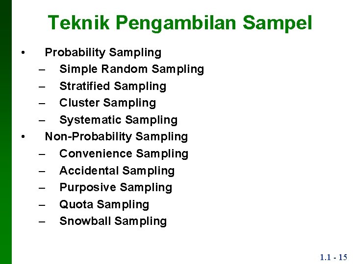 Teknik Pengambilan Sampel • • Probability Sampling – Simple Random Sampling – Stratified Sampling