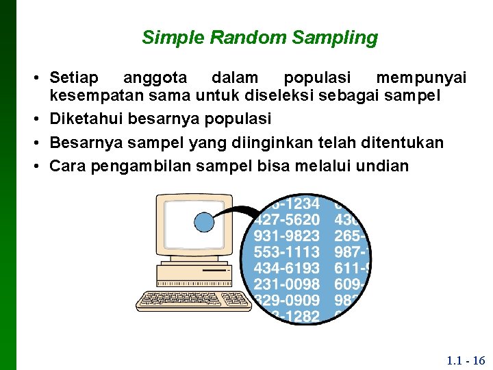 Simple Random Sampling • Setiap anggota dalam populasi mempunyai kesempatan sama untuk diseleksi sebagai