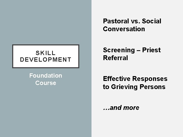 Pastoral vs. Social Conversation SKILL DEVELOPMENT Foundation Course Screening – Priest Referral Effective Responses
