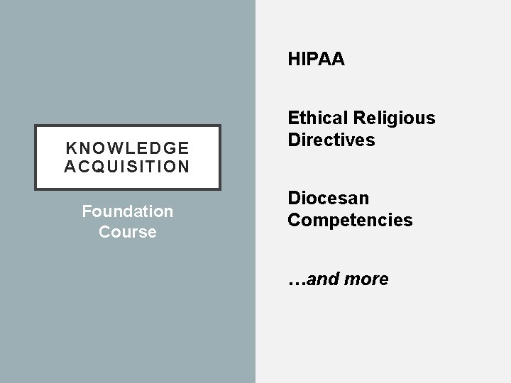 HIPAA KNOWLEDGE ACQUISITION Foundation Course Ethical Religious Directives Diocesan Competencies …and more 