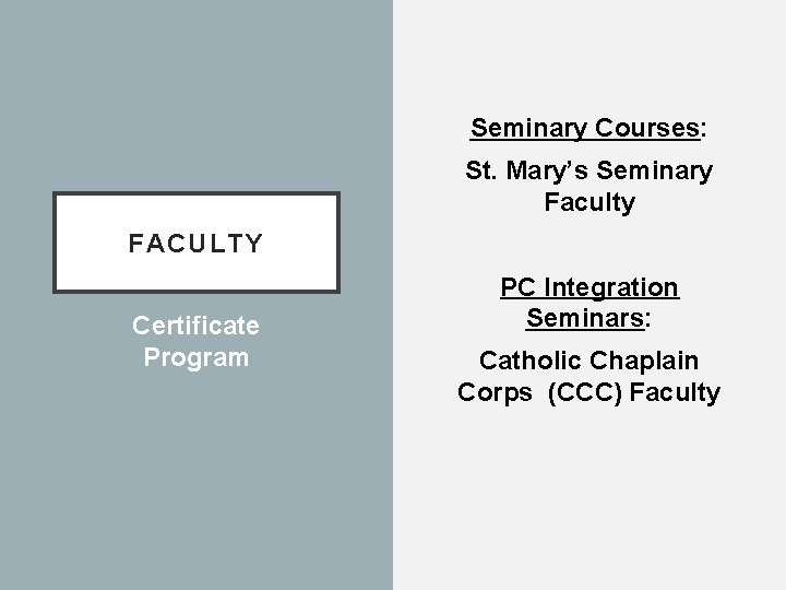Seminary Courses: St. Mary’s Seminary Faculty FACULTY Certificate Program PC Integration Seminars: Catholic Chaplain
