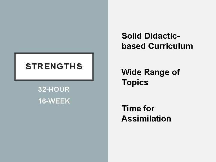 Solid Didacticbased Curriculum STRENGTHS 32 -HOUR 16 -WEEK Wide Range of Topics Time for