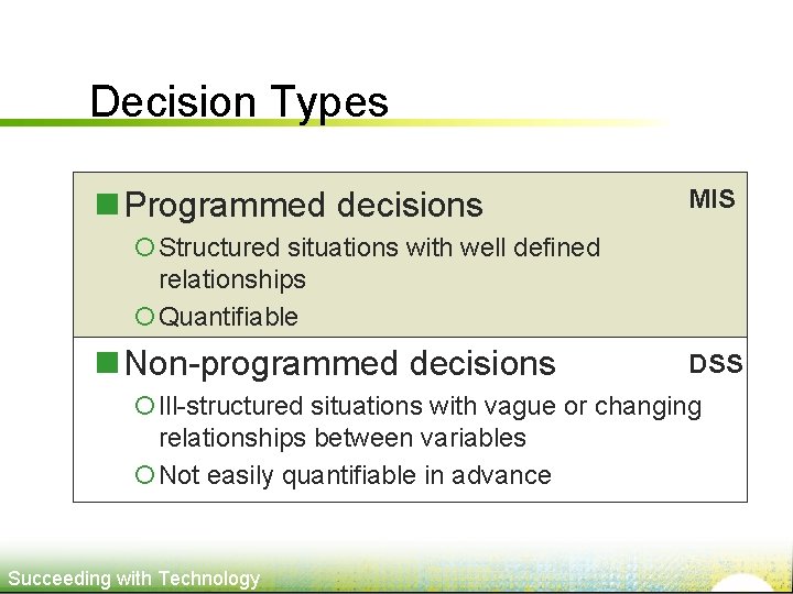 Decision Types n Programmed decisions MIS ¡Structured situations with well defined relationships ¡Quantifiable n