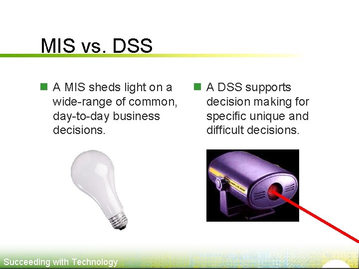 MIS vs. DSS n A MIS sheds light on a wide-range of common, day-to-day