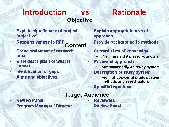 Introduction vs Rationale Objective • • • Explain significance of project (objective) Responsiveness to