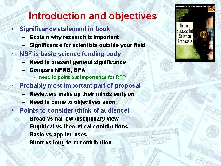 Introduction and objectives • Significance statement in book – Explain why research is important