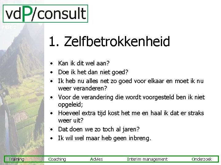 FASE 2 1. Zelfbetrokkenheid • Kan ik dit wel aan? • Doe ik het