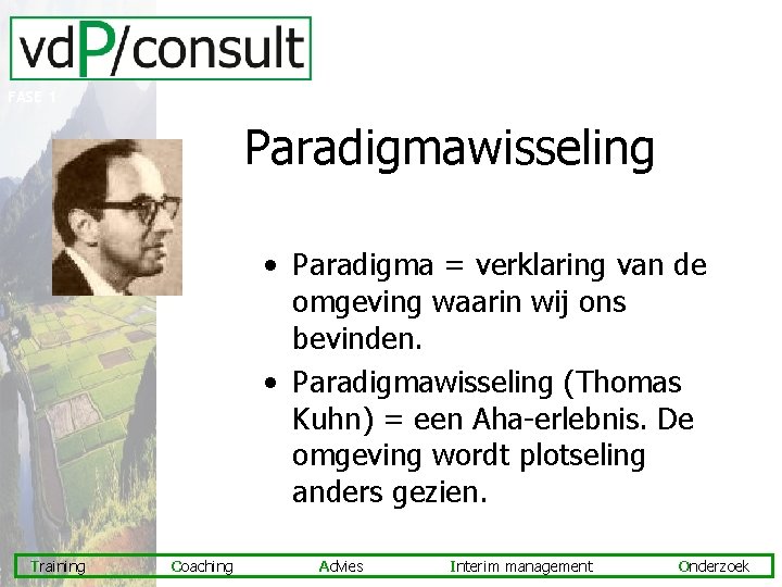 FASE 1 Paradigmawisseling • Paradigma = verklaring van de omgeving waarin wij ons bevinden.