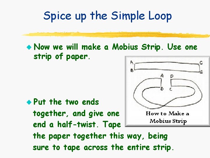 Spice up the Simple Loop u u Now we will make a Mobius Strip. Spice up the Simple Loop u u Now we will make a Mobius Strip.