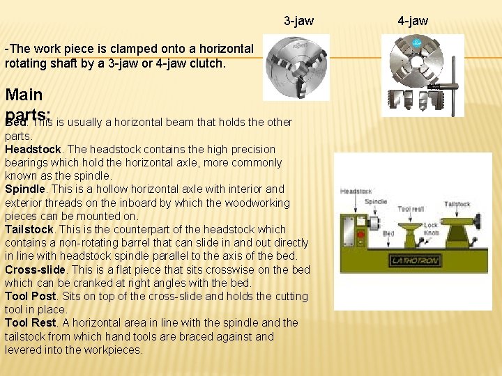 3 -jaw -The work piece is clamped onto a horizontal rotating shaft by a