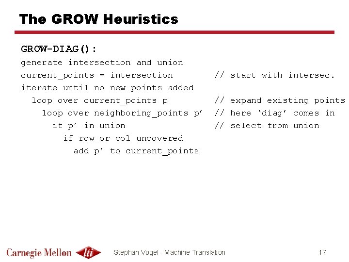 The GROW Heuristics GROW-DIAG(): generate intersection and union current_points = intersection iterate until no