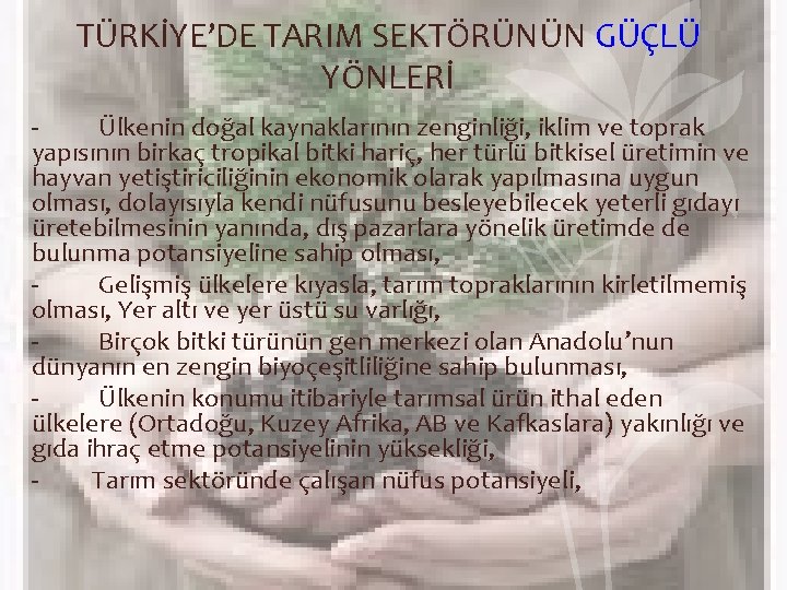 TÜRKİYE’DE TARIM SEKTÖRÜNÜN GÜÇLÜ YÖNLERİ - Ülkenin doğal kaynaklarının zenginliği, iklim ve toprak yapısının