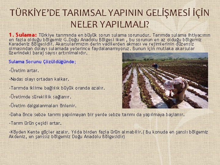  TÜRKİYE’DE TARIMSAL YAPININ GELİŞMESİ İÇİN NELER YAPILMALI? 1. Sulama: Türkiye tarımında en büyük