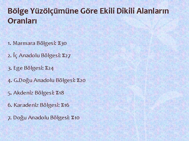 Bölge Yüzölçümüne Göre Ekili Dikili Alanların Oranları 1. Marmara Bölgesi: %30 2. İç Anadolu