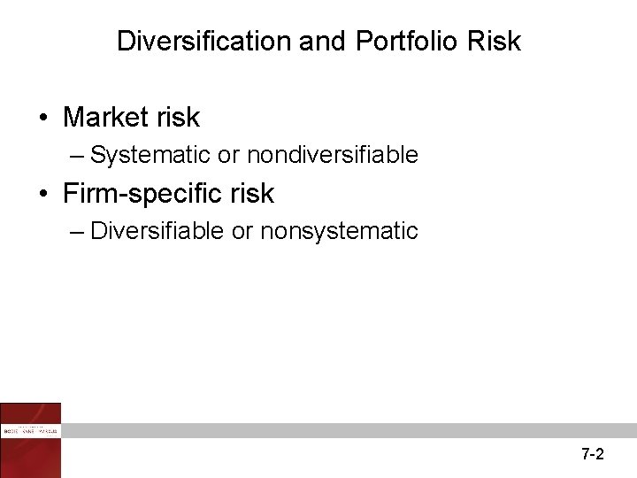 Diversification and Portfolio Risk • Market risk – Systematic or nondiversifiable • Firm-specific risk