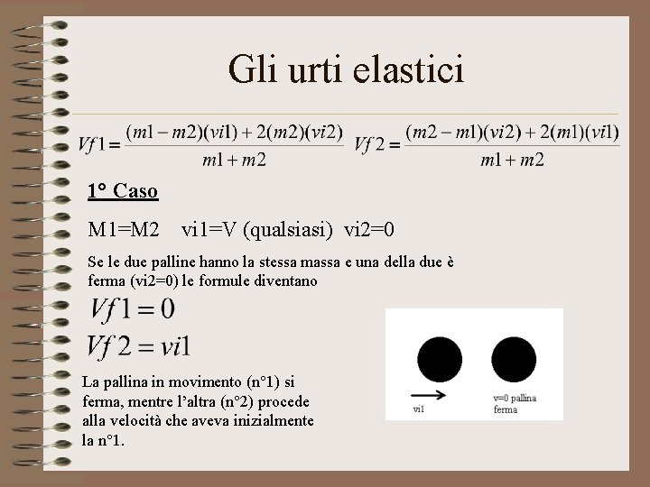 Gli urti elastici 1° Caso M 1=M 2 vi 1=V (qualsiasi) vi 2=0 Se