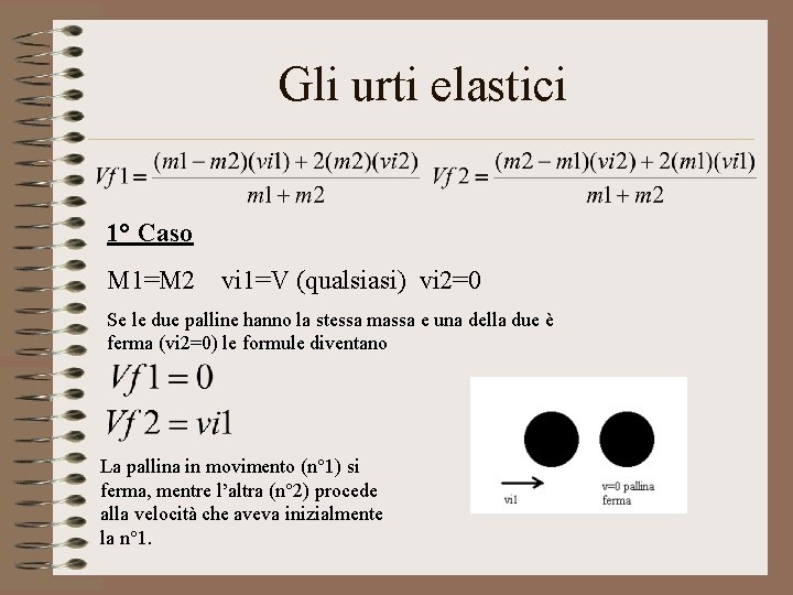 Gli urti elastici 1° Caso M 1=M 2 vi 1=V (qualsiasi) vi 2=0 Se