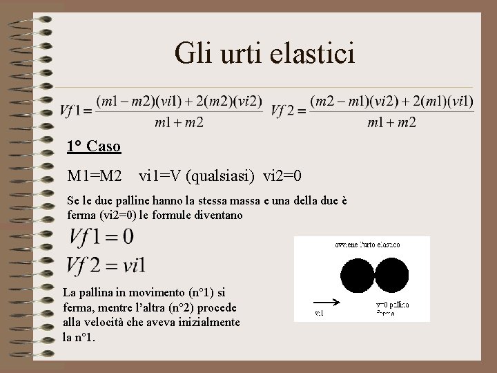 Gli urti elastici 1° Caso M 1=M 2 vi 1=V (qualsiasi) vi 2=0 Se