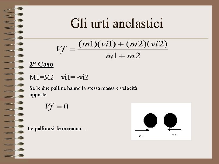 Gli urti anelastici 2° Caso M 1=M 2 vi 1= -vi 2 Se le