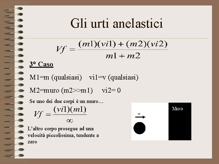 Gli urti anelastici 3° Caso M 1=m (qualsiasi) vi 1=v (qualsiasi) M 2=muro (m