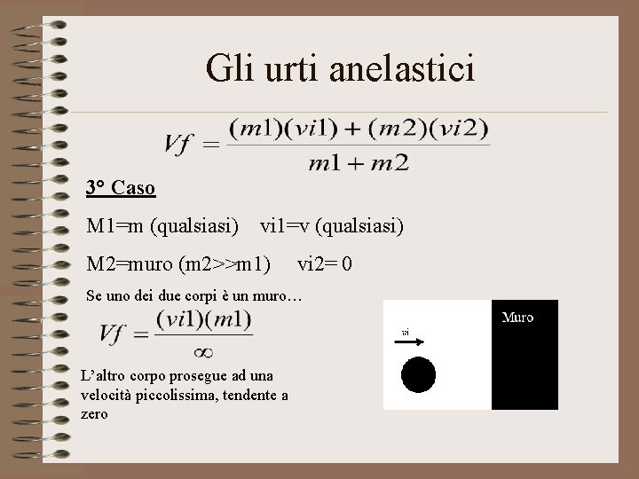 Gli urti anelastici 3° Caso M 1=m (qualsiasi) vi 1=v (qualsiasi) M 2=muro (m