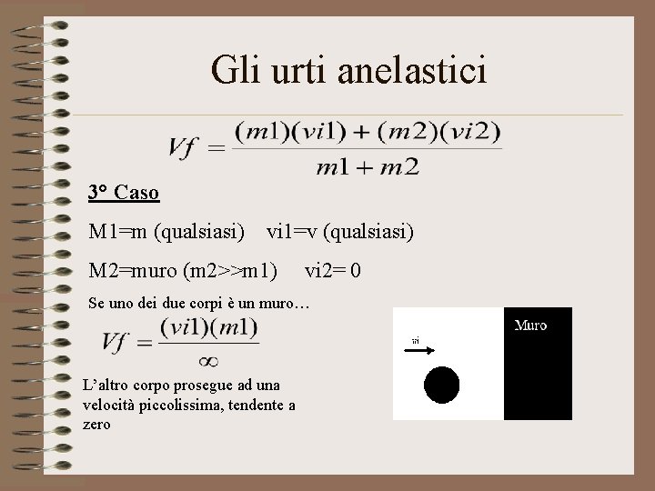 Gli urti anelastici 3° Caso M 1=m (qualsiasi) vi 1=v (qualsiasi) M 2=muro (m