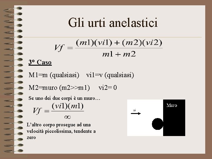 Gli urti anelastici 3° Caso M 1=m (qualsiasi) vi 1=v (qualsiasi) M 2=muro (m