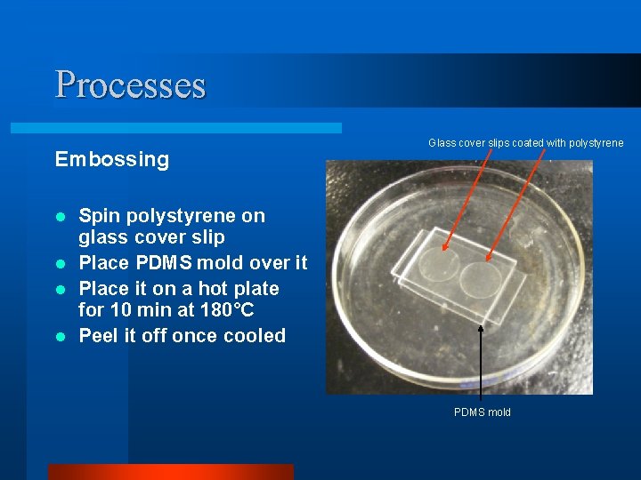 Processes Embossing Glass cover slips coated with polystyrene Spin polystyrene on glass cover slip