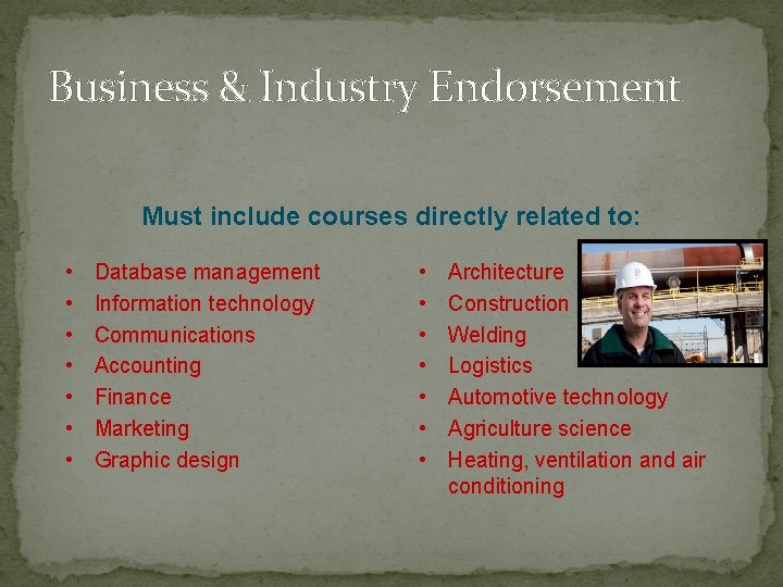 Business & Industry Endorsement Must include courses directly related to: • • Database management