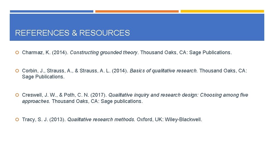 REFERENCES & RESOURCES Charmaz, K. (2014). Constructing grounded theory. Thousand Oaks, CA: Sage Publications.