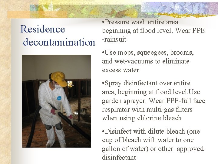 Residence decontamination • Pressure wash entire area beginning at flood level. Wear PPE -rainsuit