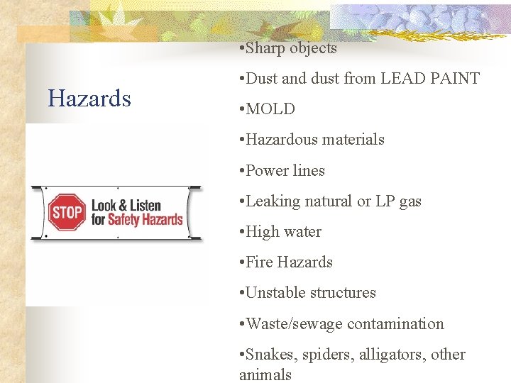 • Sharp objects Hazards • Dust and dust from LEAD PAINT • MOLD
