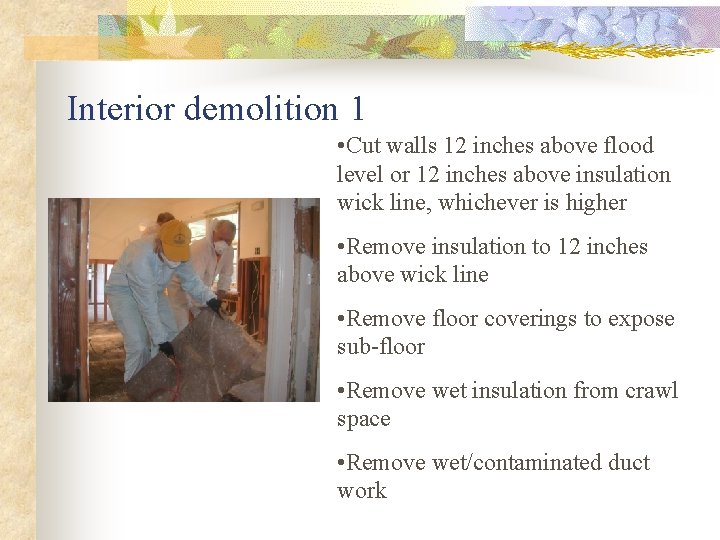 Interior demolition 1 • Cut walls 12 inches above flood level or 12 inches