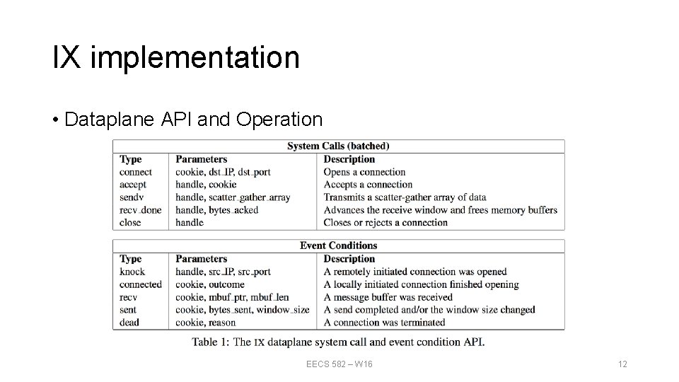 IX implementation • Dataplane API and Operation EECS 582 – W 16 12 IX implementation • Dataplane API and Operation EECS 582 – W 16 12