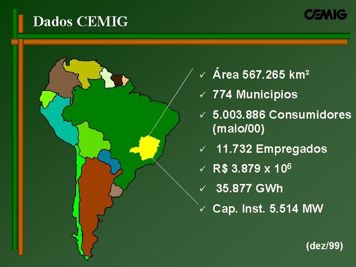 Dados CEMIG ü Área 567. 265 km² ü 774 Municipios ü 5. 003. 886 Dados CEMIG ü Área 567. 265 km² ü 774 Municipios ü 5. 003. 886
