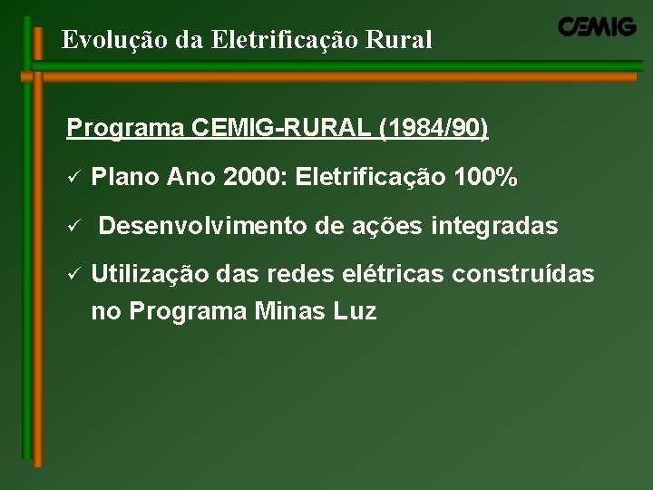 Evolução da Eletrificação Rural Programa CEMIG-RURAL (1984/90) ü ü ü Plano Ano 2000: Eletrificação Evolução da Eletrificação Rural Programa CEMIG-RURAL (1984/90) ü ü ü Plano Ano 2000: Eletrificação