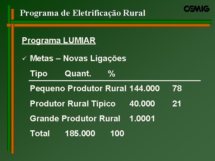 Programa de Eletrificação Rural Programa LUMIAR ü Metas – Novas Ligações Tipo Quant. % Programa de Eletrificação Rural Programa LUMIAR ü Metas – Novas Ligações Tipo Quant. %