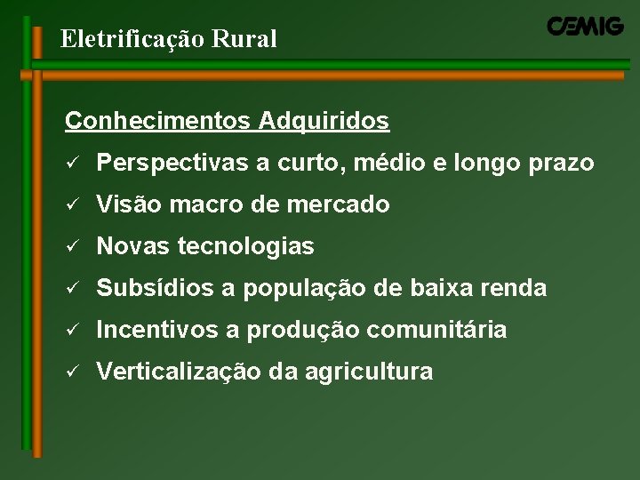 Eletrificação Rural Conhecimentos Adquiridos ü Perspectivas a curto, médio e longo prazo ü Visão Eletrificação Rural Conhecimentos Adquiridos ü Perspectivas a curto, médio e longo prazo ü Visão