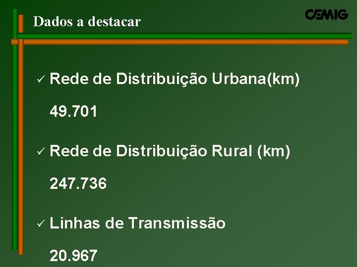 Dados a destacar ü Rede de Distribuição Urbana(km) 49. 701 ü Rede de Distribuição Dados a destacar ü Rede de Distribuição Urbana(km) 49. 701 ü Rede de Distribuição