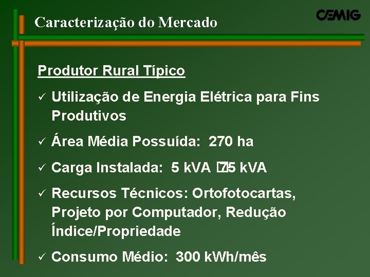 Caracterização do Mercado Produtor Rural Típico ü Utilização de Energia Elétrica para Fins Produtivos Caracterização do Mercado Produtor Rural Típico ü Utilização de Energia Elétrica para Fins Produtivos