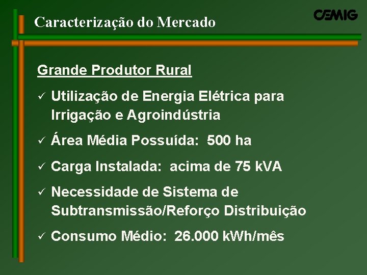 Caracterização do Mercado Grande Produtor Rural ü Utilização de Energia Elétrica para Irrigação e Caracterização do Mercado Grande Produtor Rural ü Utilização de Energia Elétrica para Irrigação e