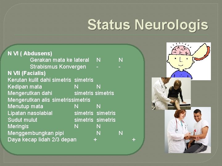 Status Neurologis N VI ( Abdusens) Gerakan mata ke lateral N N Strabismus Konvergen