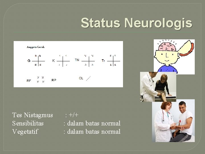 Status Neurologis Tes Nistagmus Sensibilitas Vegetatif : +/+ : dalam batas normal 