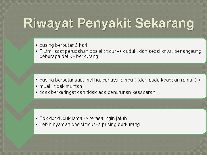 Riwayat Penyakit Sekarang • pusing berputar 3 hari • T’utm saat perubahan posisi :