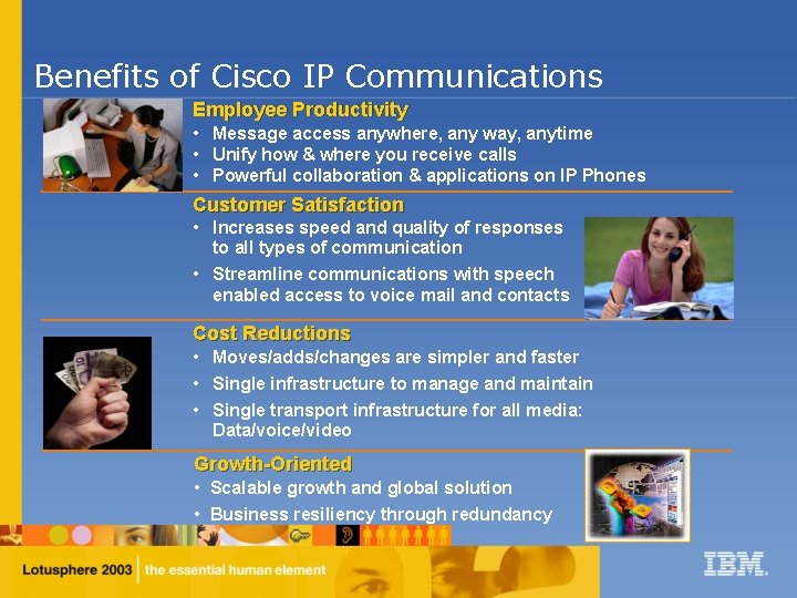 Benefits of Cisco IP Communications Employee Productivity • Message access anywhere, any way, anytime