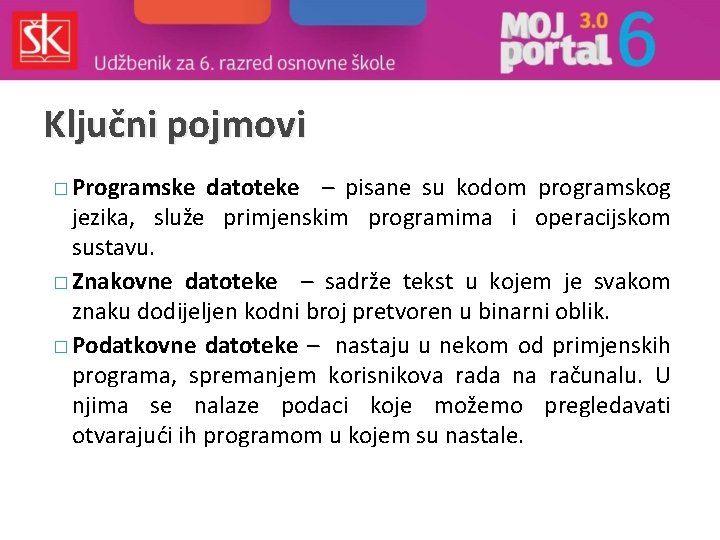 Ključni pojmovi � Programske datoteke – pisane su kodom programskog jezika, služe primjenskim programima