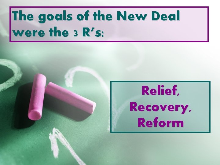 The goals of the New Deal were the 3 R’s: Relief, Recovery, Reform 