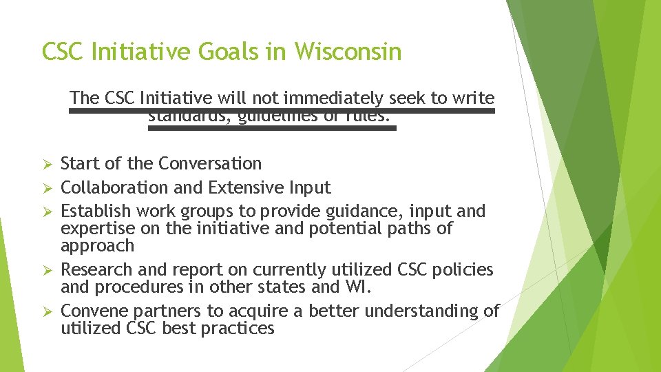 CSC Initiative Goals in Wisconsin The CSC Initiative will not immediately seek to write CSC Initiative Goals in Wisconsin The CSC Initiative will not immediately seek to write
