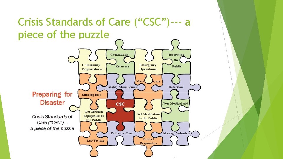 Crisis Standards of Care (“CSC”)--- a piece of the puzzle Crisis Standards of Care (“CSC”)--- a piece of the puzzle