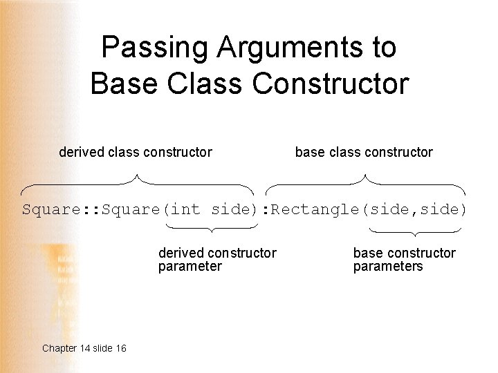 Passing Arguments to Base Class Constructor derived class constructor base class constructor Square: :